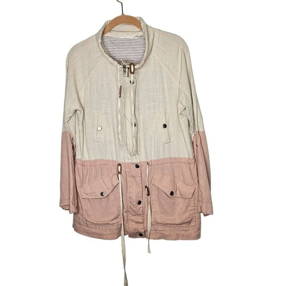 Blu Pepper anthropologie Two-Tone Linen-Blend Jacket With Drawstring Waist Sz‎ L - Picture 6 of 14